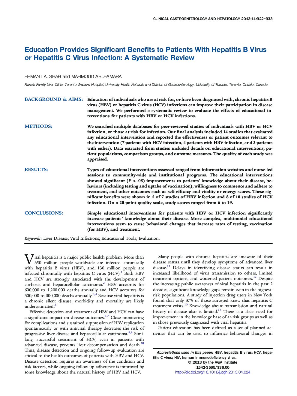 Education Provides Significant Benefits to Patients With Hepatitis B Virus or Hepatitis C Virus Infection: A Systematic Review