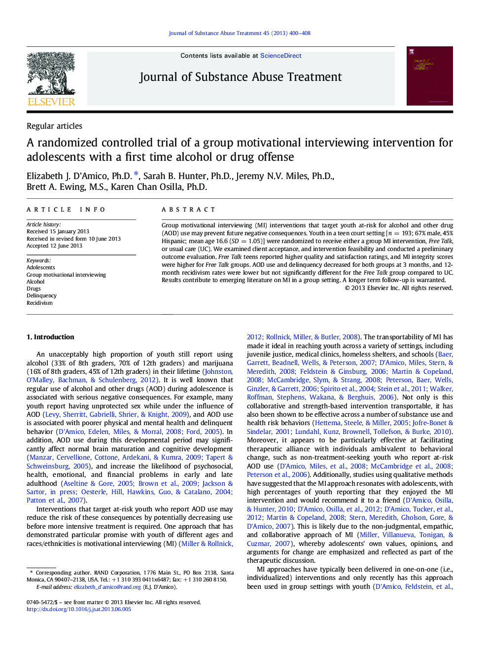 A randomized controlled trial of a group motivational interviewing intervention for adolescents with a first time alcohol or drug offense