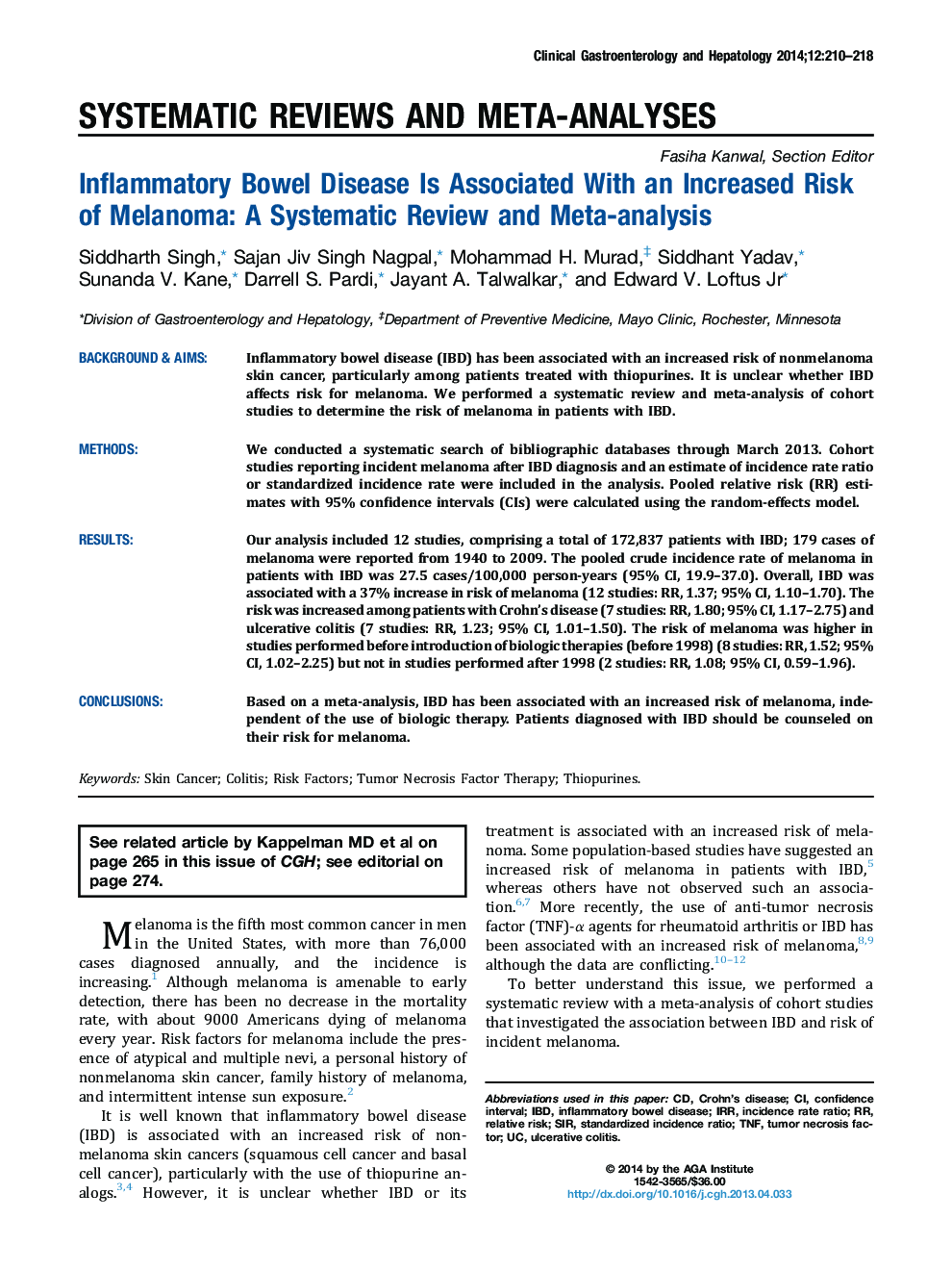 Inflammatory Bowel Disease Is Associated With an Increased Risk ofÂ Melanoma: A Systematic Review and Meta-analysis