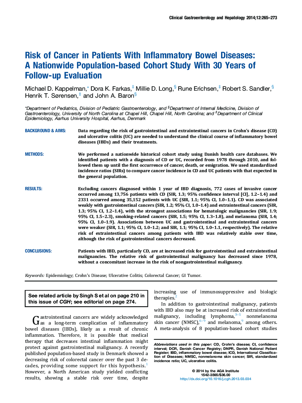 Risk of Cancer in Patients With Inflammatory Bowel Diseases: AÂ Nationwide Population-based Cohort Study With 30 Years of Follow-up Evaluation