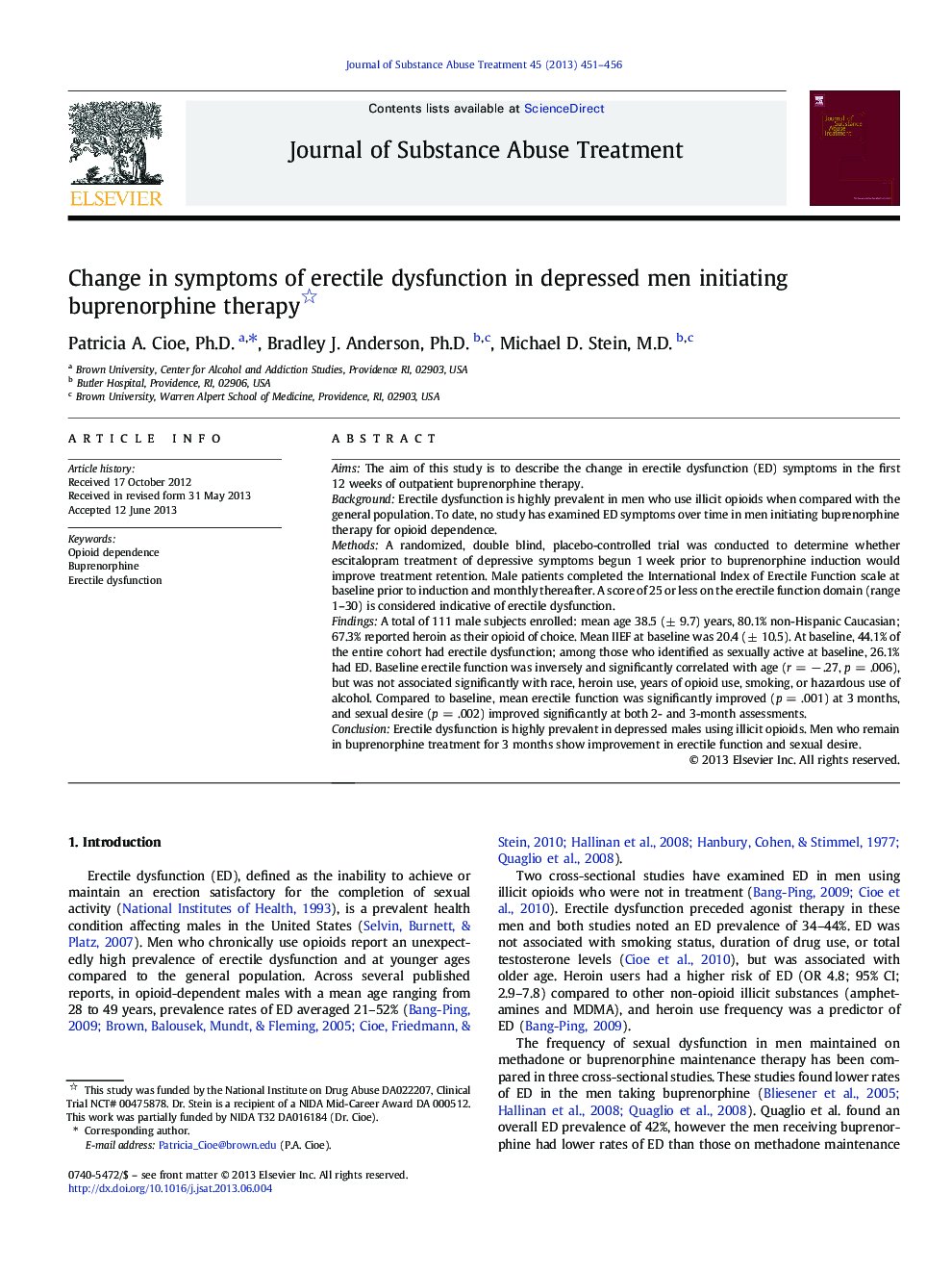 Change in symptoms of erectile dysfunction in depressed men initiating buprenorphine therapy 