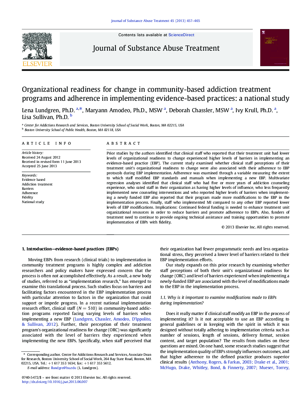 Organizational readiness for change in community-based addiction treatment programs and adherence in implementing evidence-based practices: a national study