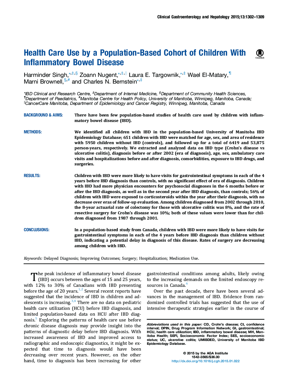 Health Care Use by a Population-Based Cohort of Children With Inflammatory Bowel Disease