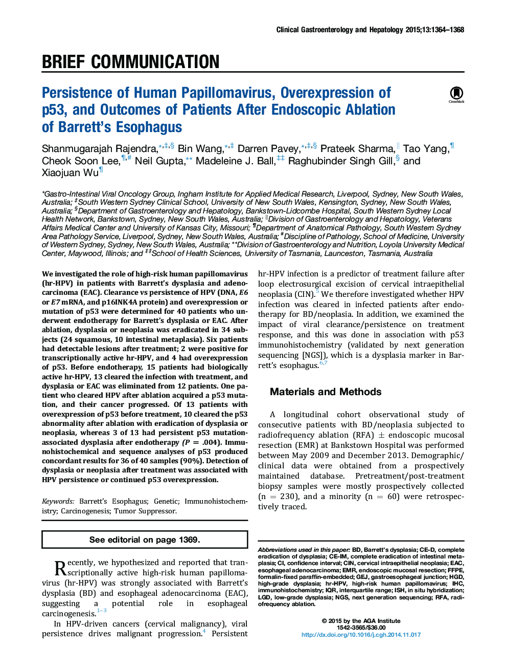 Persistence of Human Papillomavirus, Overexpression of p53,Â and Outcomes of Patients After Endoscopic Ablation ofÂ Barrett'sÂ Esophagus