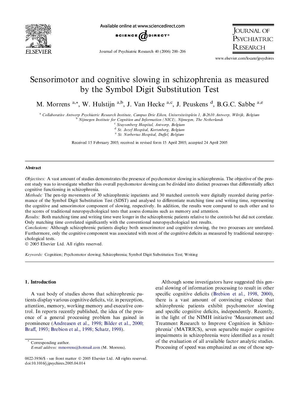 Sensorimotor and cognitive slowing in schizophrenia as measured by the Symbol Digit Substitution Test