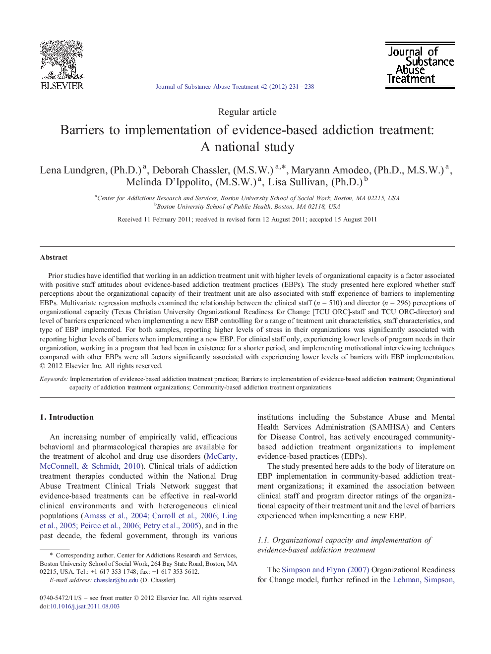 Barriers to implementation of evidence-based addiction treatment: A national study