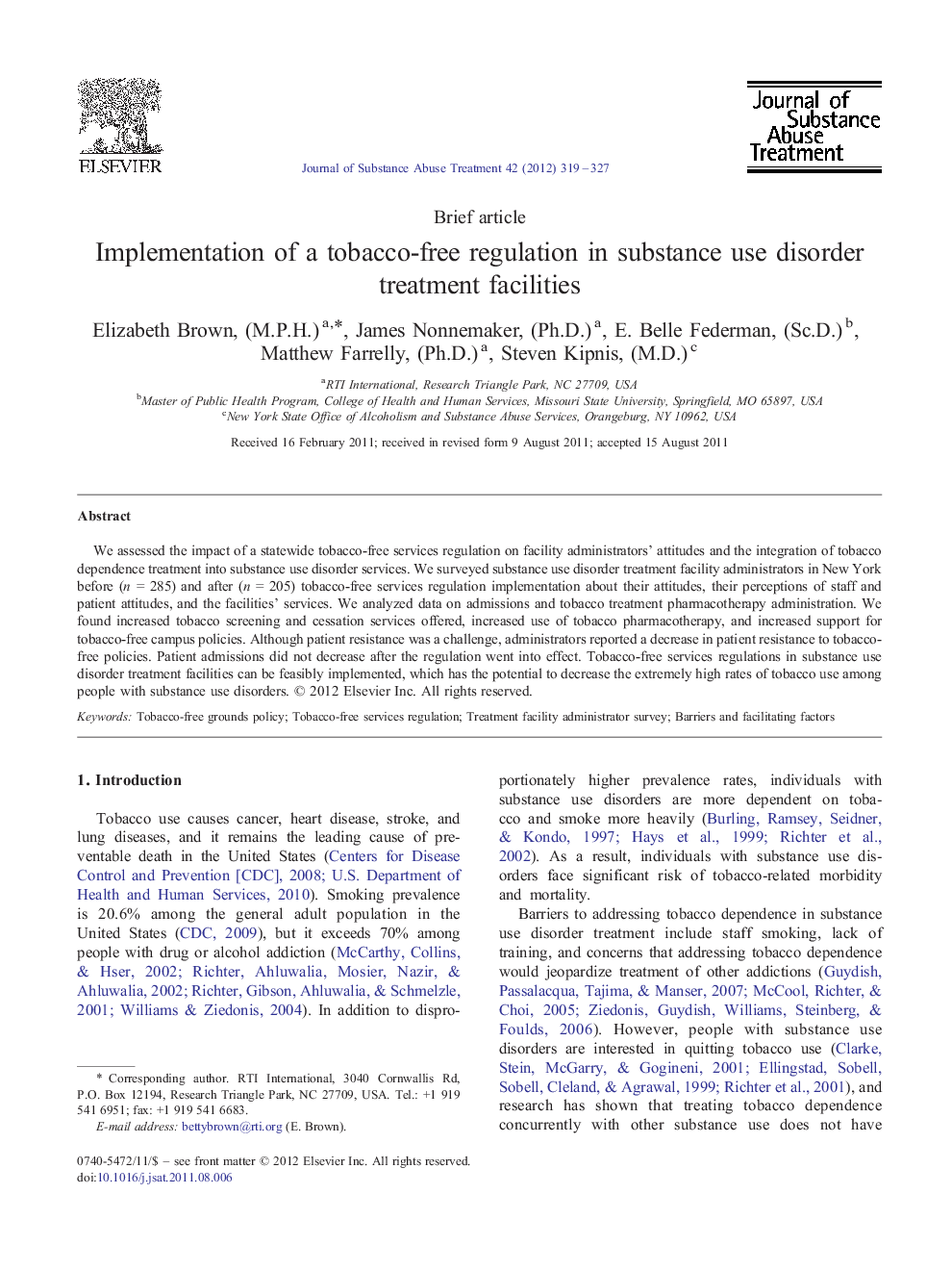 Implementation of a tobacco-free regulation in substance use disorder treatment facilities