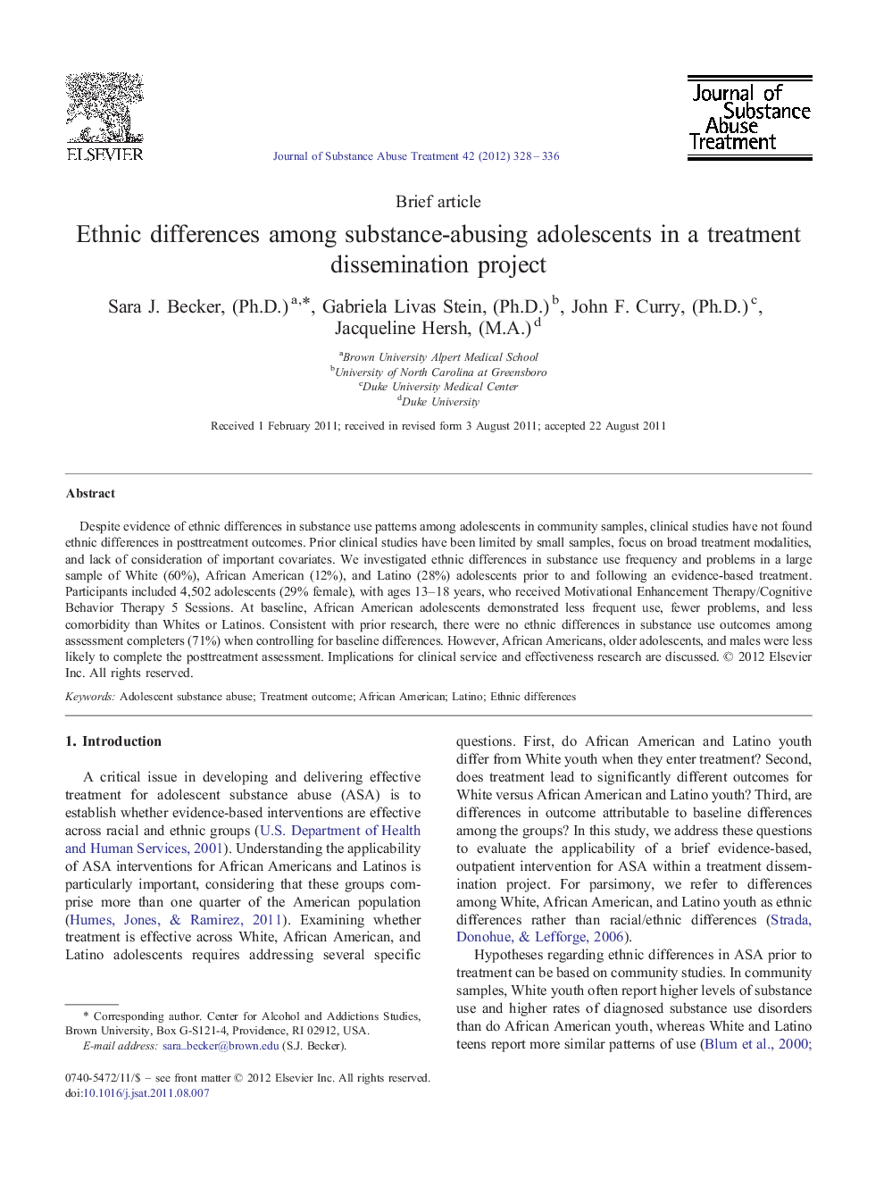 Ethnic differences among substance-abusing adolescents in a treatment dissemination project