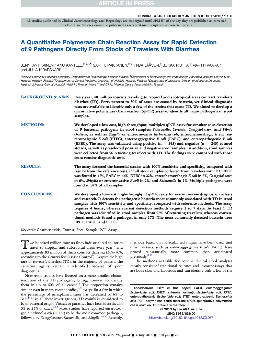 عکس صفحه اول مقاله: A Quantitative Polymerase Chain Reaction Assay for Rapid Detection of 9 Pathogens Directly From Stools of Travelers With Diarrhea A Quantitative Polymerase Chain Reaction Assay for Rapid Detection of 9 Pathogens Directly From Stools of Travelers With Diarrhea