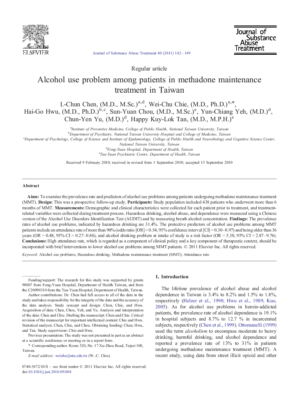 Alcohol use problem among patients in methadone maintenance treatment in Taiwan 