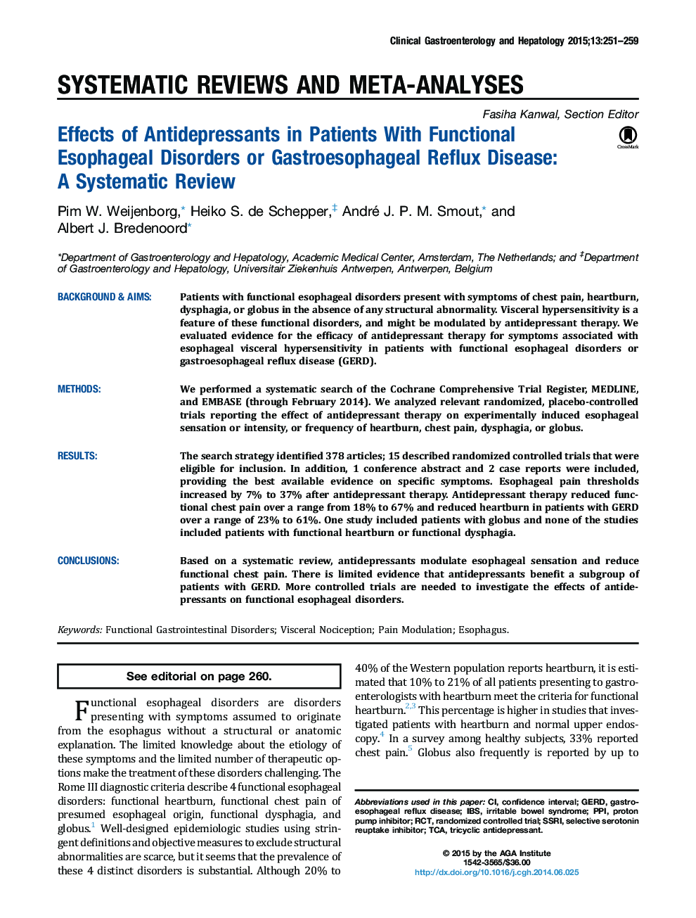 Effects of Antidepressants in Patients With Functional Esophageal Disorders or Gastroesophageal Reflux Disease: AÂ Systematic Review