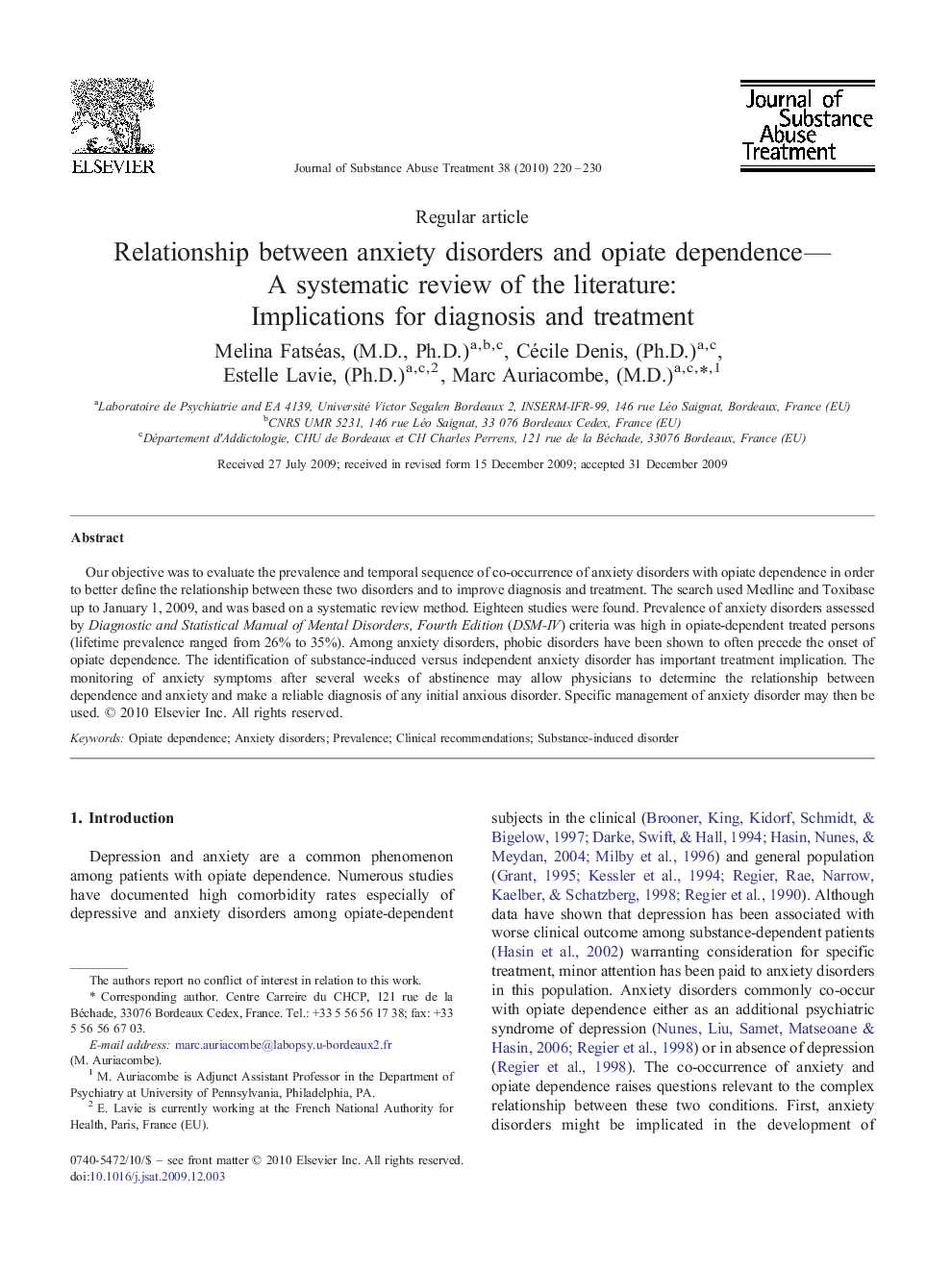 Relationship between anxiety disorders and opiate dependence— A systematic review of the literature : Implications for diagnosis and treatment