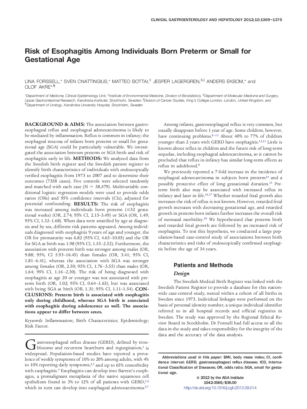 Risk of Esophagitis Among Individuals Born Preterm or Small for Gestational Age