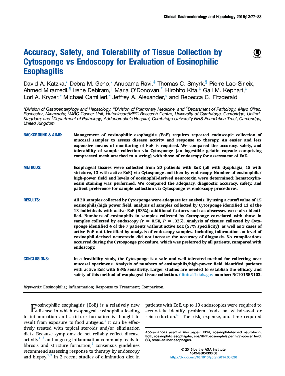 Accuracy, Safety, and Tolerability of Tissue Collection by Cytosponge vs Endoscopy for Evaluation of Eosinophilic Esophagitis