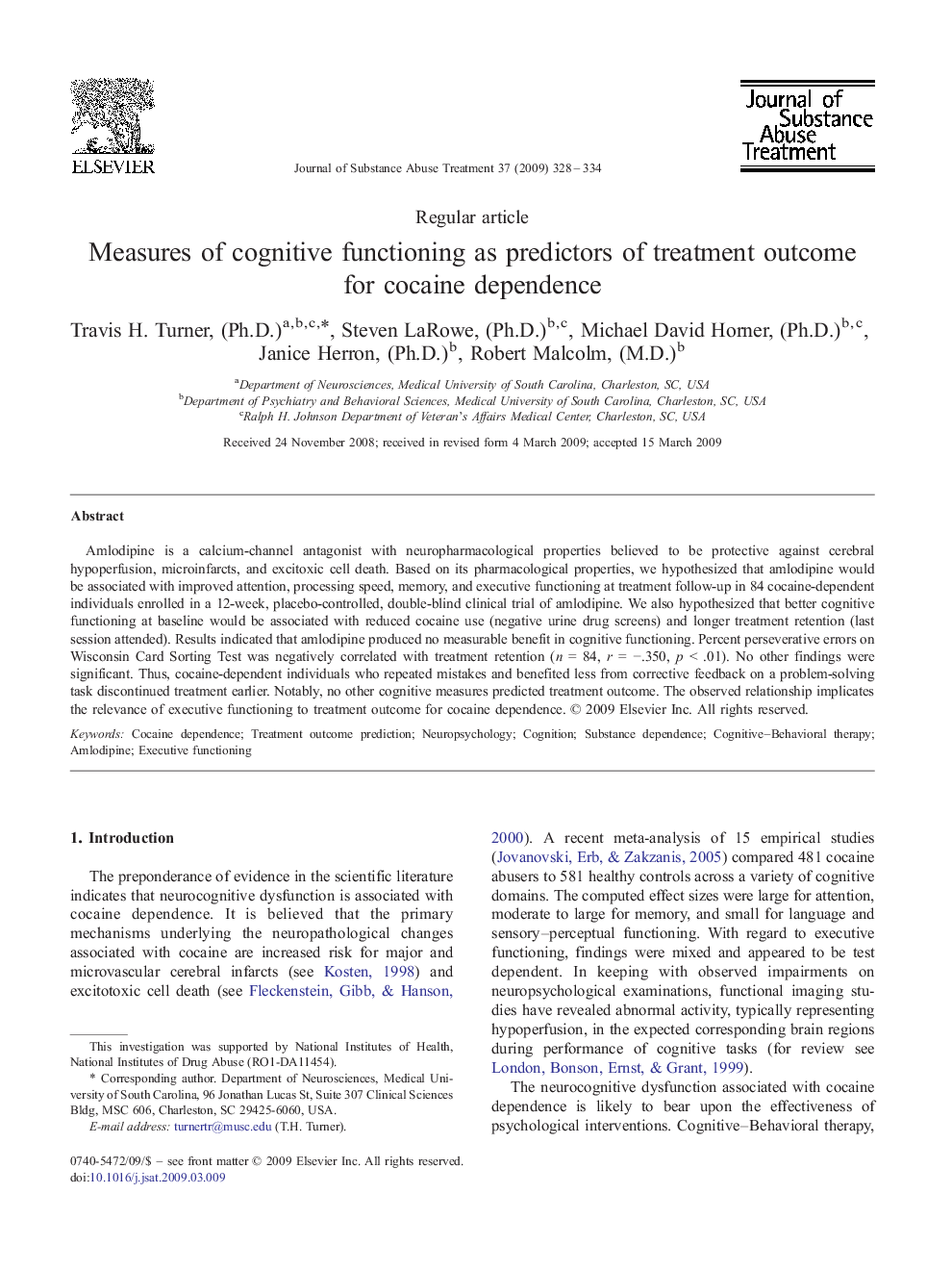 Measures of cognitive functioning as predictors of treatment outcome for cocaine dependence 