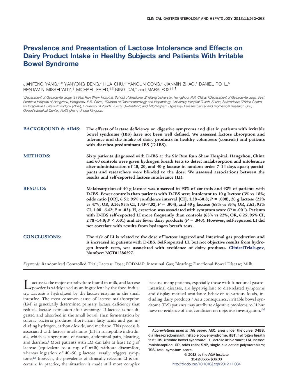 عکس صفحه اول مقاله: Prevalence and Presentation of Lactose Intolerance and Effects on Dairy Product Intake in Healthy Subjects and Patients With Irritable Bowel Syndrome Prevalence and Presentation of Lactose Intolerance and Effects on Dairy Product Intake in Healthy Subjects and Patients With Irritable Bowel Syndrome