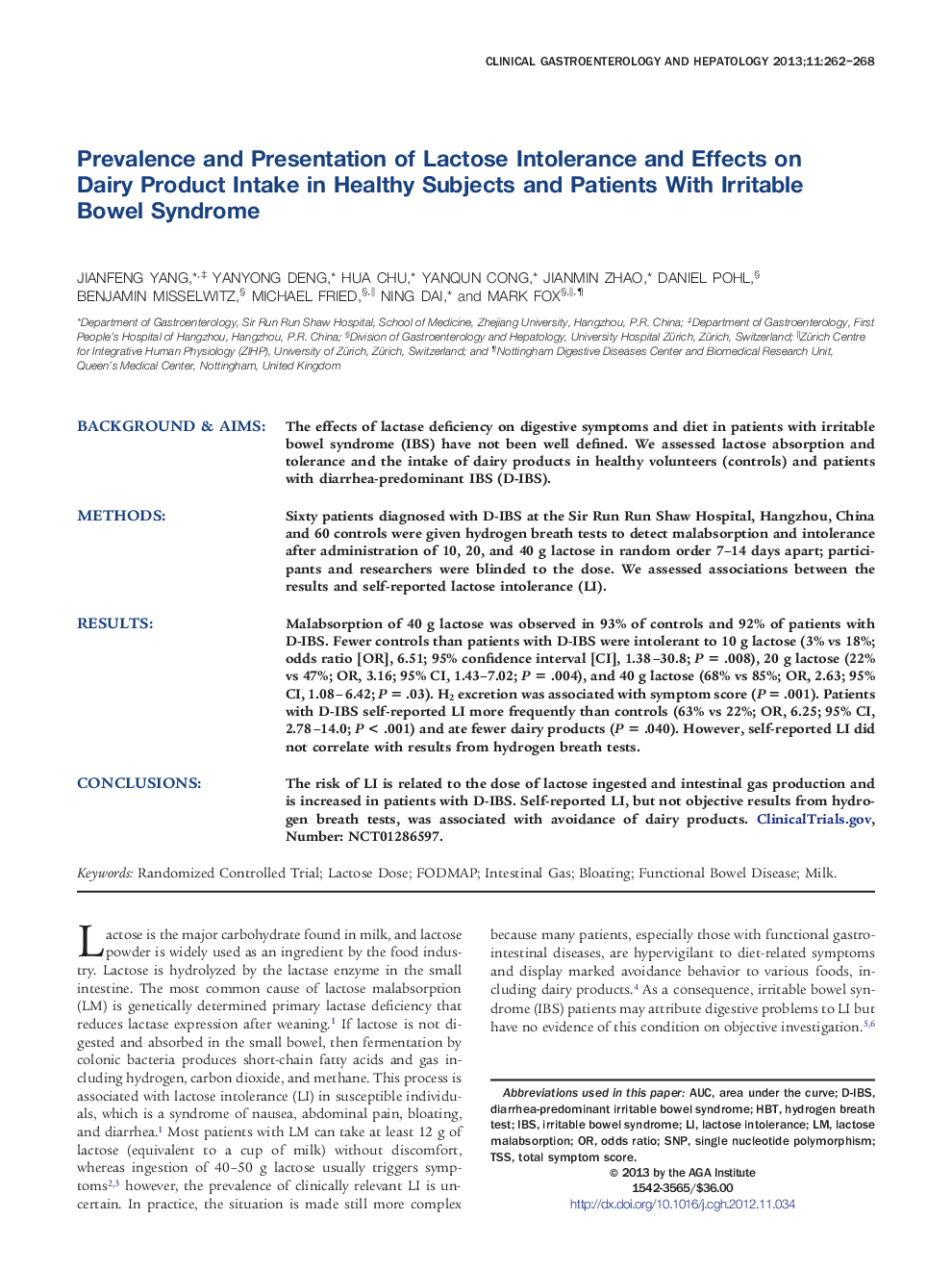 Prevalence and Presentation of Lactose Intolerance and Effects on Dairy Product Intake in Healthy Subjects and Patients With Irritable Bowel Syndrome