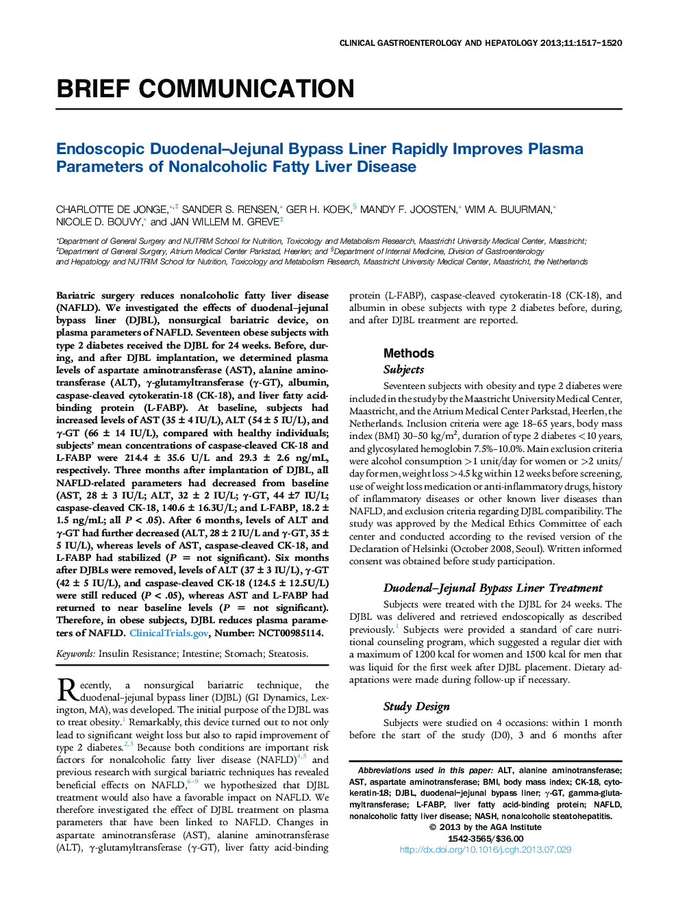 Endoscopic Duodenal-Jejunal Bypass Liner Rapidly Improves Plasma Parameters of Nonalcoholic Fatty Liver Disease