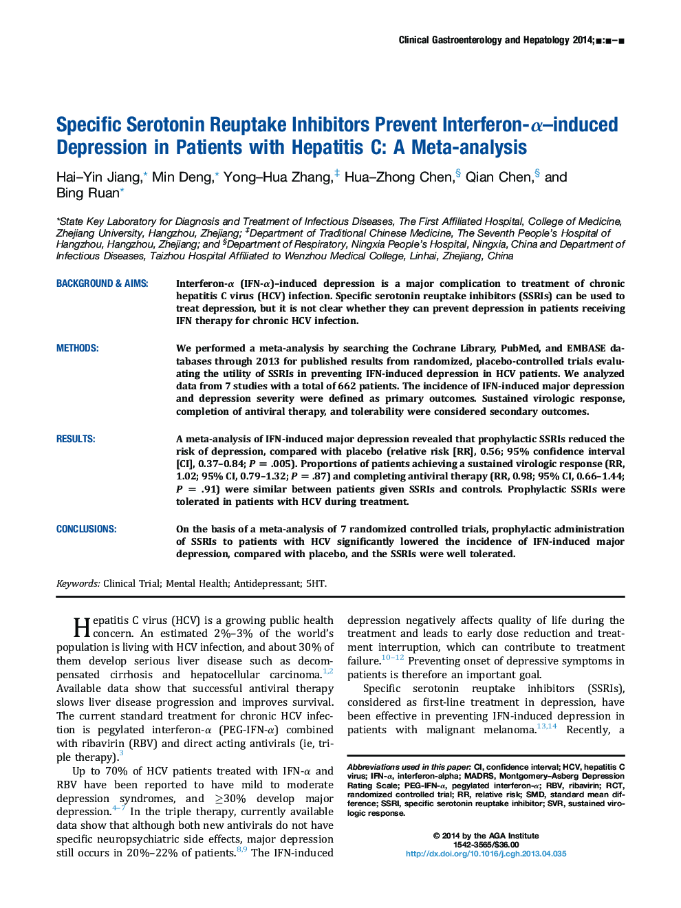 Specific Serotonin Reuptake Inhibitors Prevent Interferon-Î±-Induced Depression in Patients With Hepatitis C: A Meta-analysis