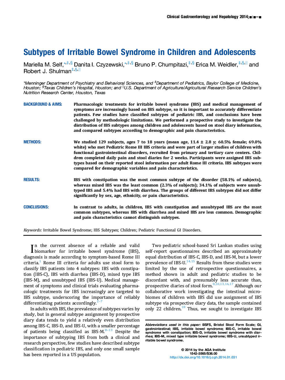 Subtypes of Irritable Bowel Syndrome in Children and Adolescents