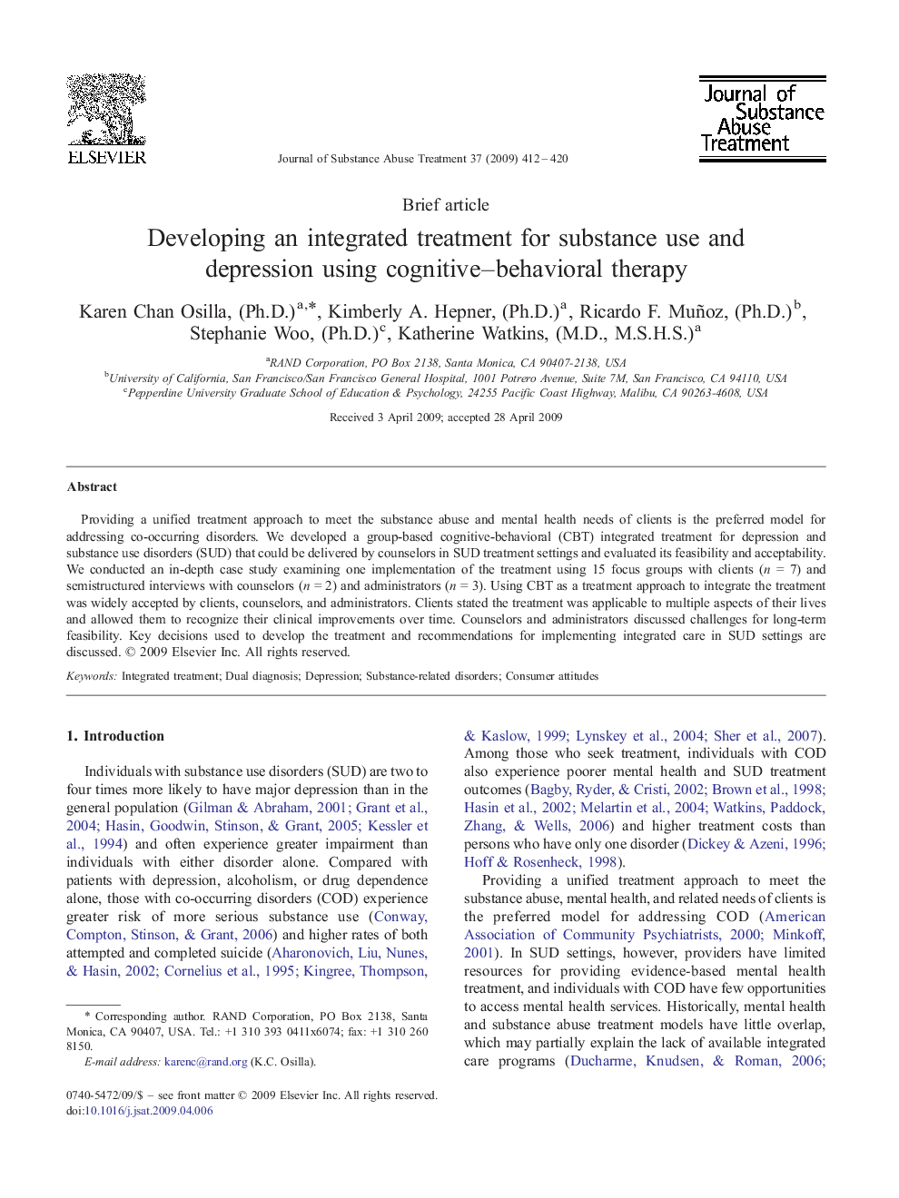 Developing an integrated treatment for substance use and depression using cognitive–behavioral therapy