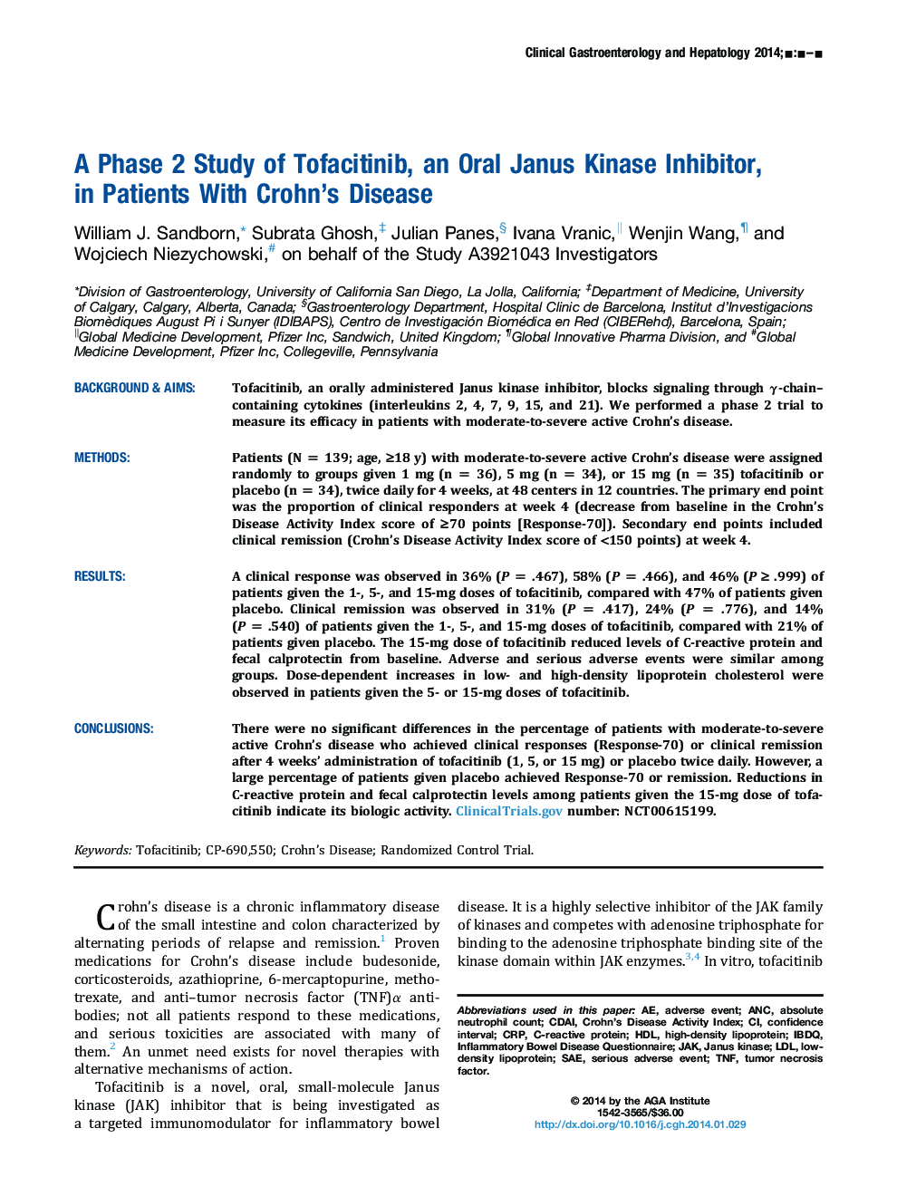 A Phase 2 Study of Tofacitinib, an Oral Janus Kinase Inhibitor, inÂ Patients With Crohn's Disease