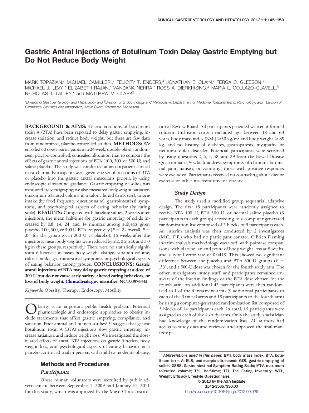 Gastric Antral Injections of Botulinum Toxin Delay Gastric Emptying but Do Not Reduce Body Weight