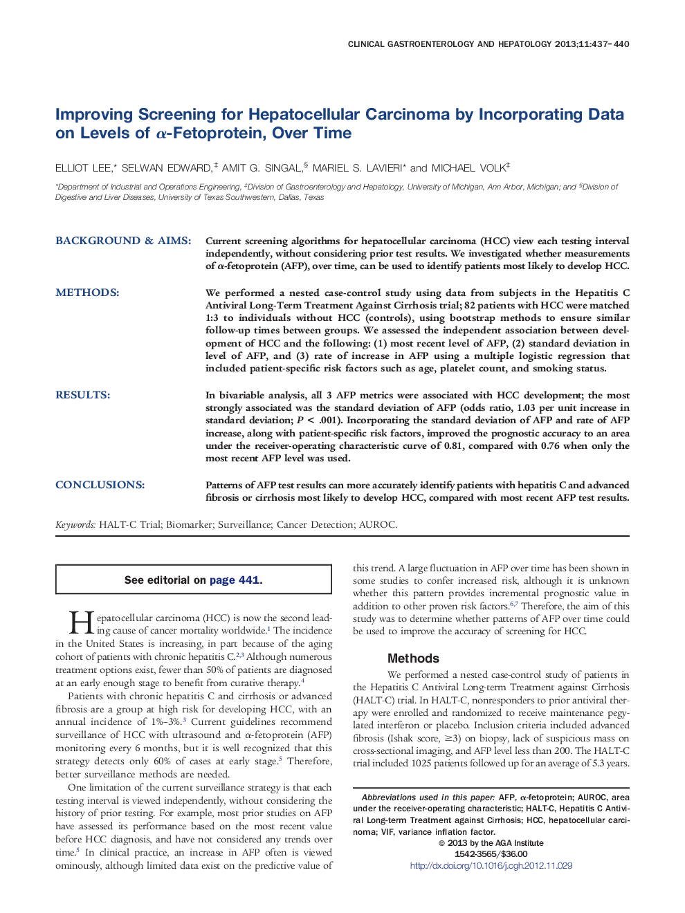 Improving Screening for Hepatocellular Carcinoma by Incorporating Data on Levels of Î±-Fetoprotein, Over Time
