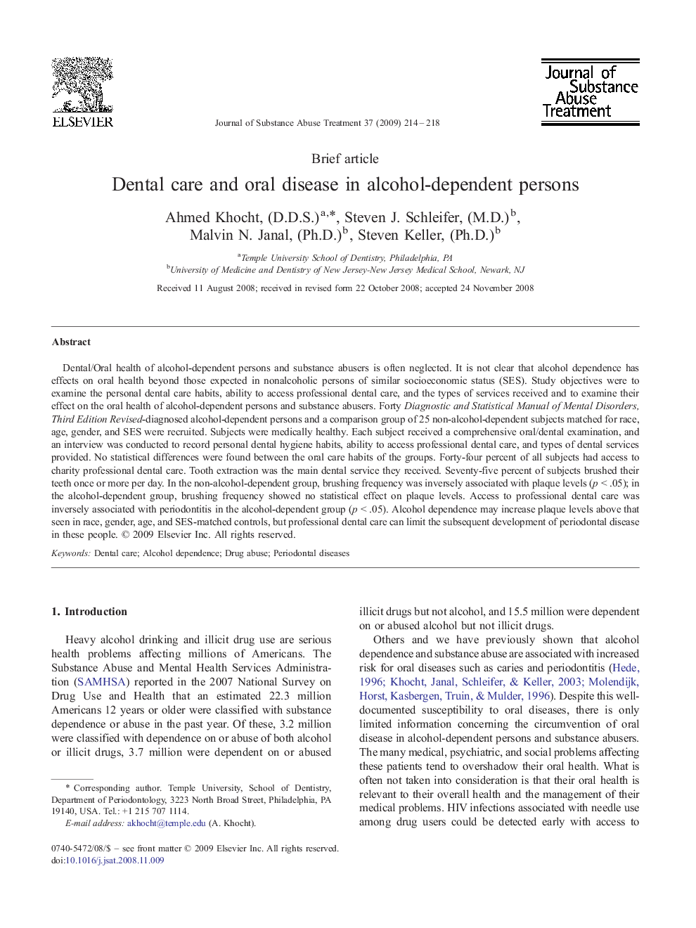 Dental care and oral disease in alcohol-dependent persons