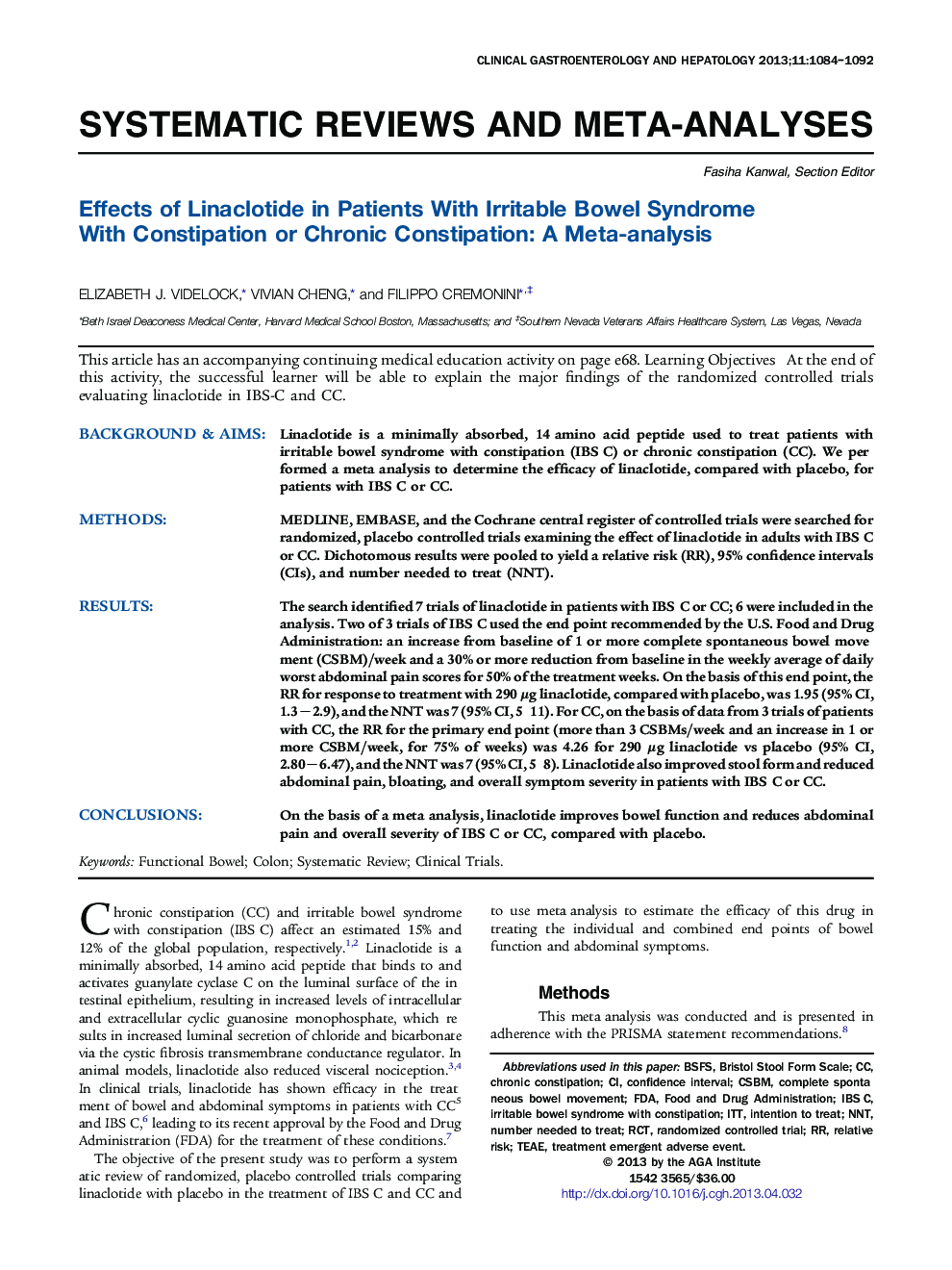 عکس صفحه اول مقاله: Effects of Linaclotide in Patients With Irritable Bowel Syndrome With Constipation or Chronic Constipation: A Meta-analysis Effects of Linaclotide in Patients With Irritable Bowel Syndrome With Constipation or Chronic Constipation: A Meta-analysis