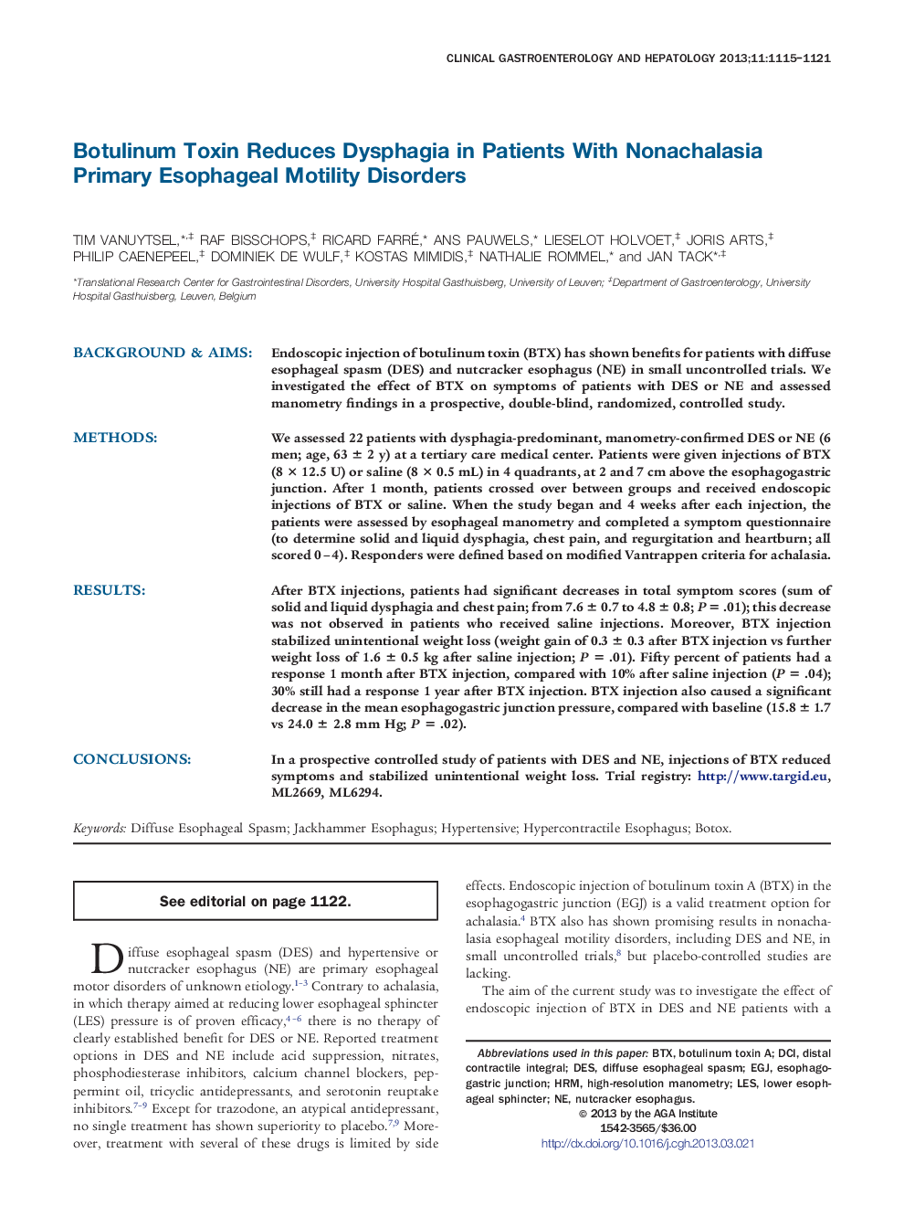 Botulinum Toxin Reduces Dysphagia in Patients With Nonachalasia Primary Esophageal Motility Disorders