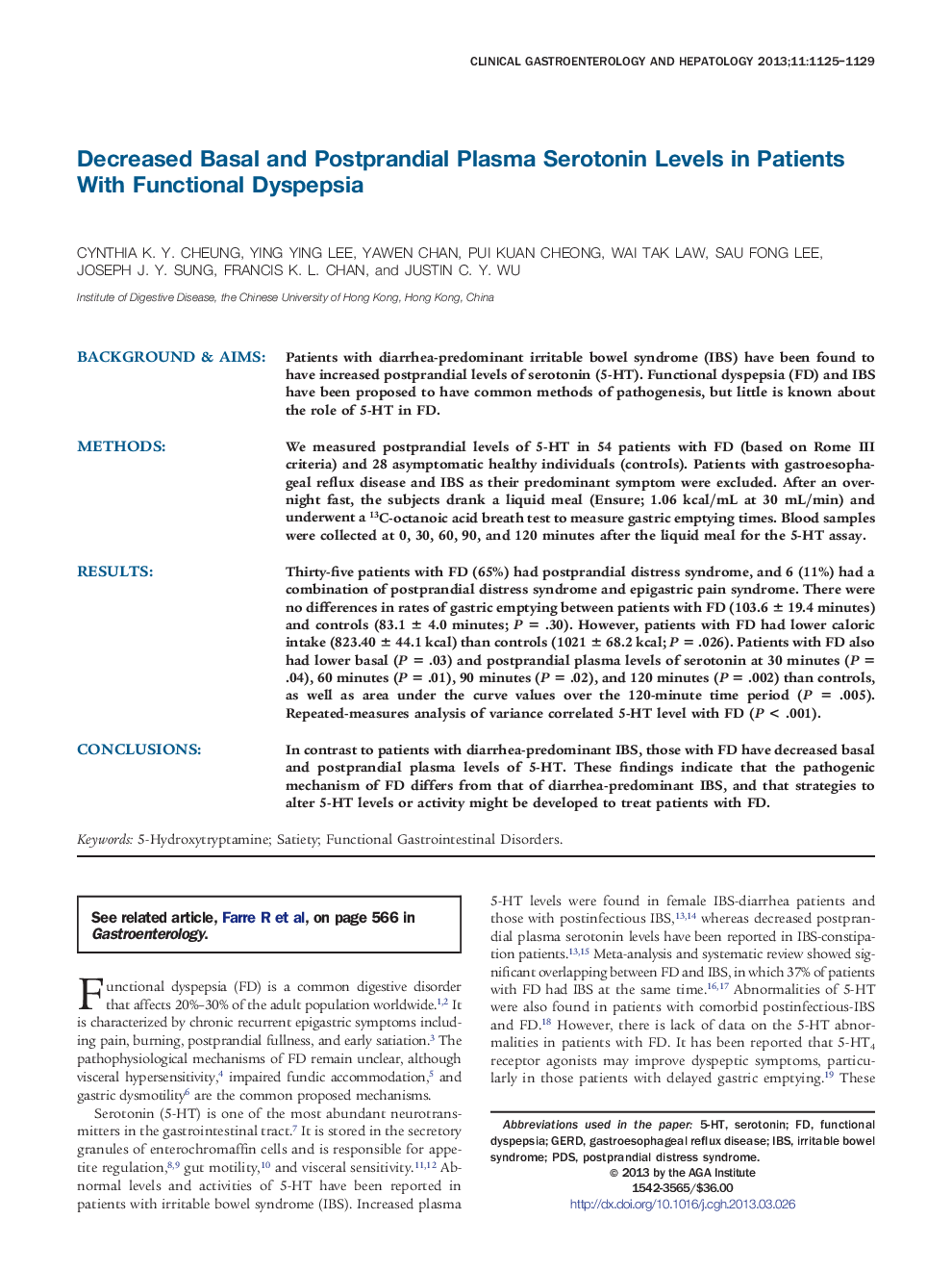 Decreased Basal and Postprandial Plasma Serotonin Levels in Patients With Functional Dyspepsia