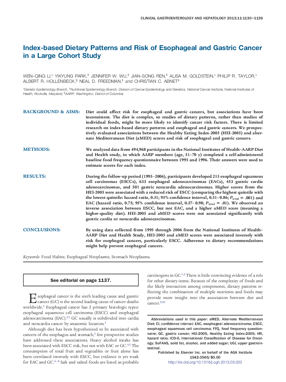 Index-based Dietary Patterns and Risk of Esophageal and Gastric Cancer in a Large Cohort Study