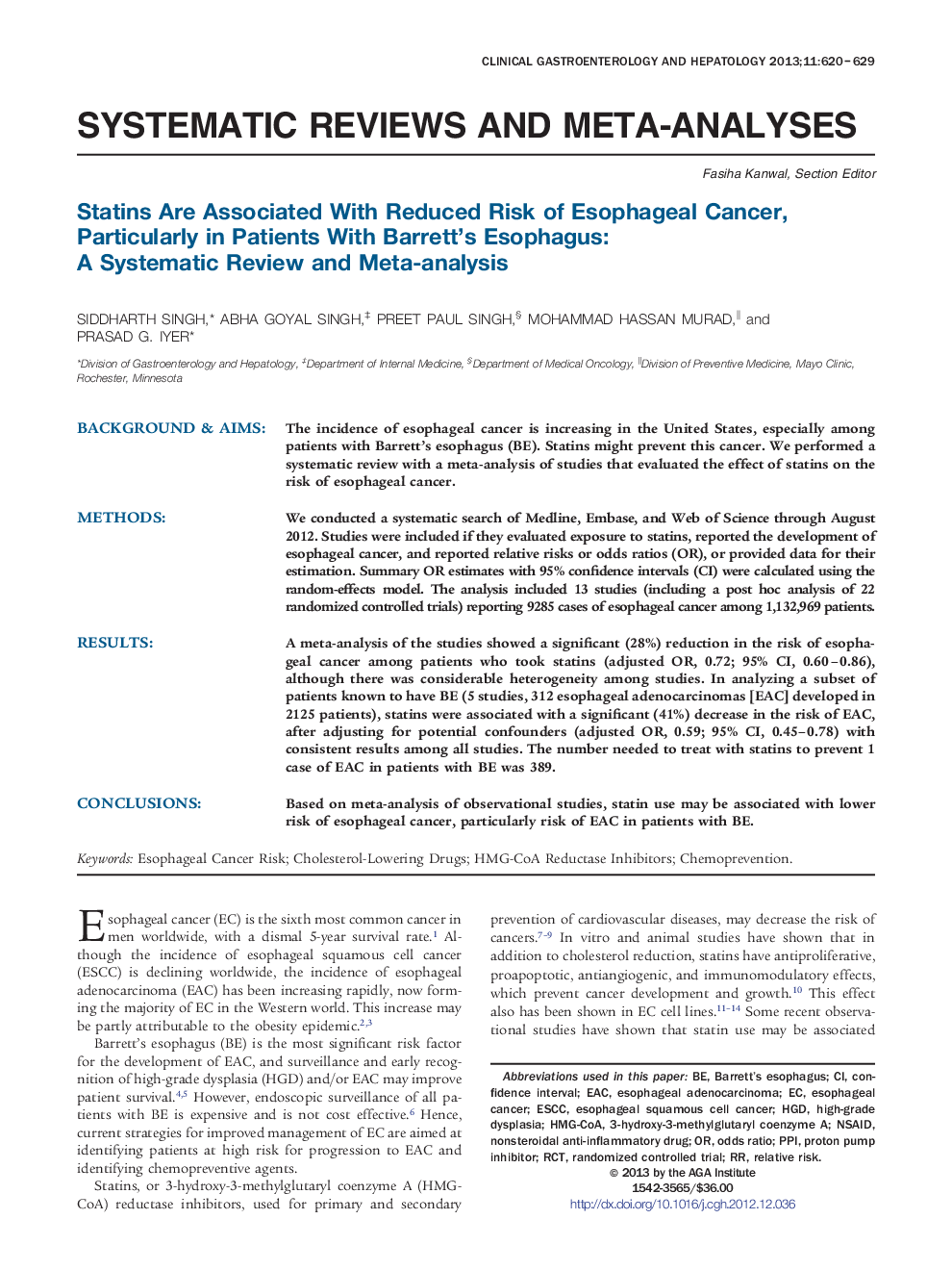 Statins Are Associated With Reduced Risk of Esophageal Cancer, Particularly in Patients With Barrett's Esophagus: A Systematic Review and Meta-analysis