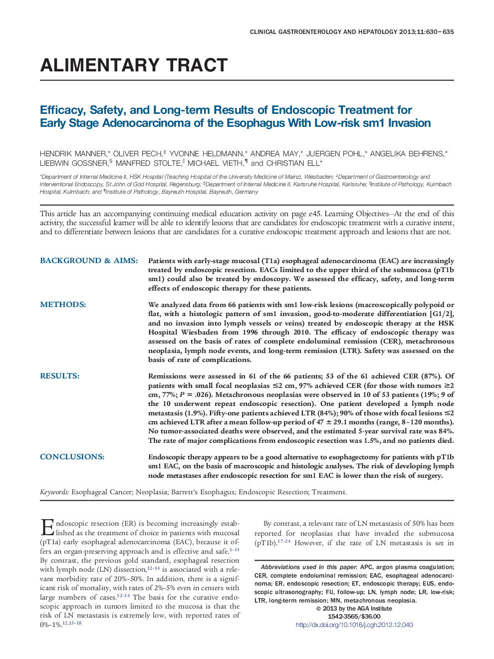 Efficacy, Safety, and Long-term Results of Endoscopic Treatment for Early Stage Adenocarcinoma of the Esophagus With Low-risk sm1 Invasion