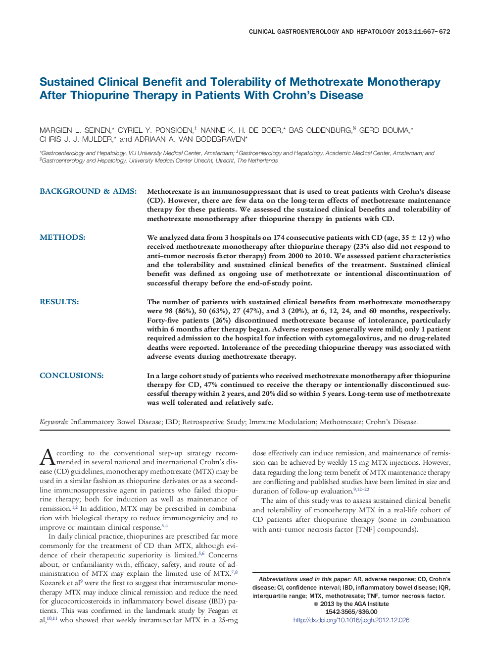 Sustained Clinical Benefit and Tolerability of Methotrexate Monotherapy After Thiopurine Therapy in Patients With Crohn's Disease