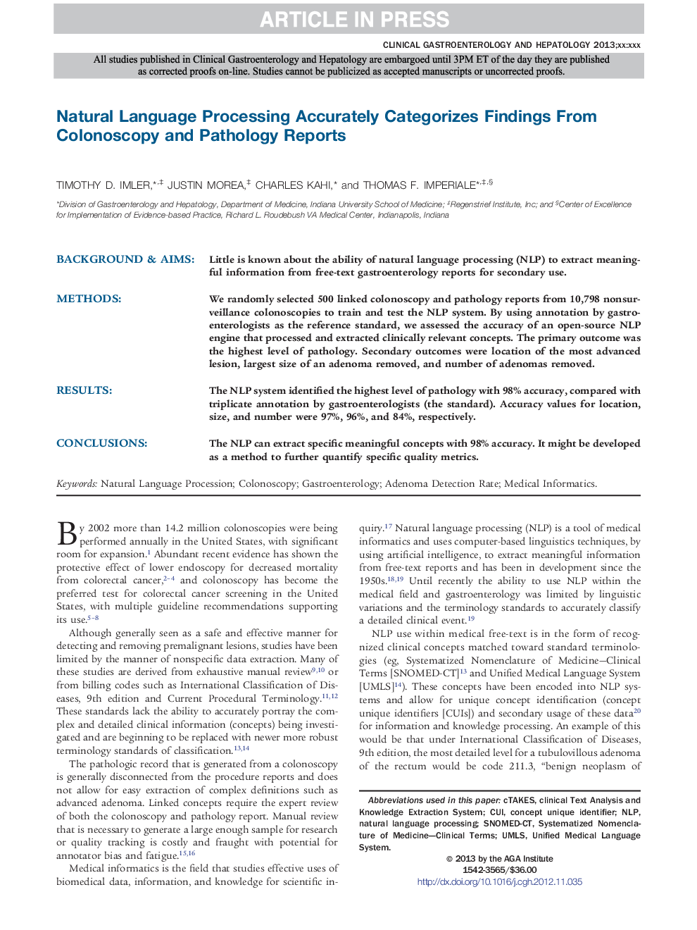 Natural Language Processing Accurately Categorizes Findings From Colonoscopy and Pathology Reports