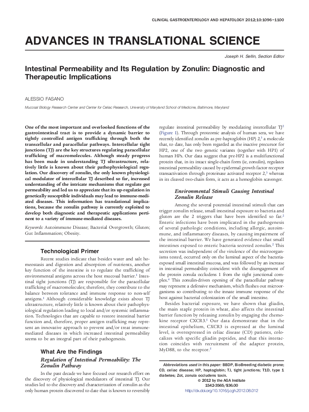 Intestinal Permeability and Its Regulation by Zonulin: Diagnostic and Therapeutic Implications