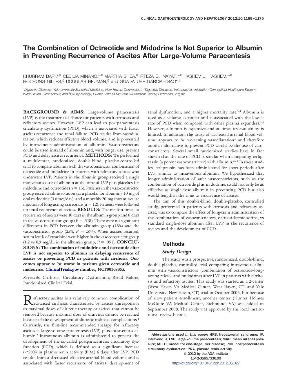 The Combination of Octreotide and Midodrine Is Not Superior to Albumin in Preventing Recurrence of Ascites After Large-Volume Paracentesis