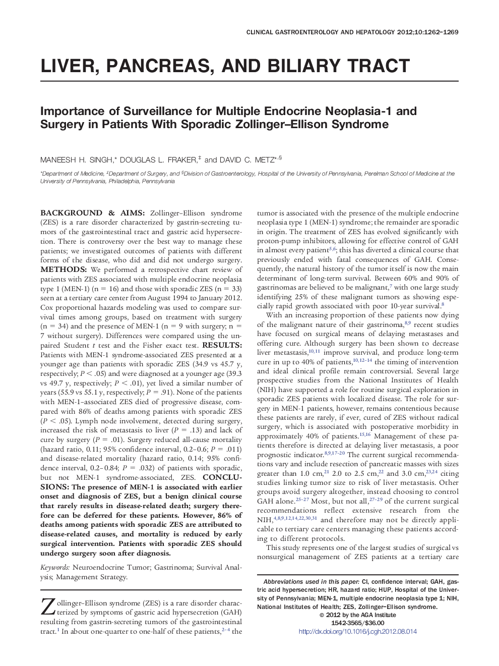 Importance of Surveillance for Multiple Endocrine Neoplasia-1 and Surgery in Patients With Sporadic Zollinger-Ellison Syndrome