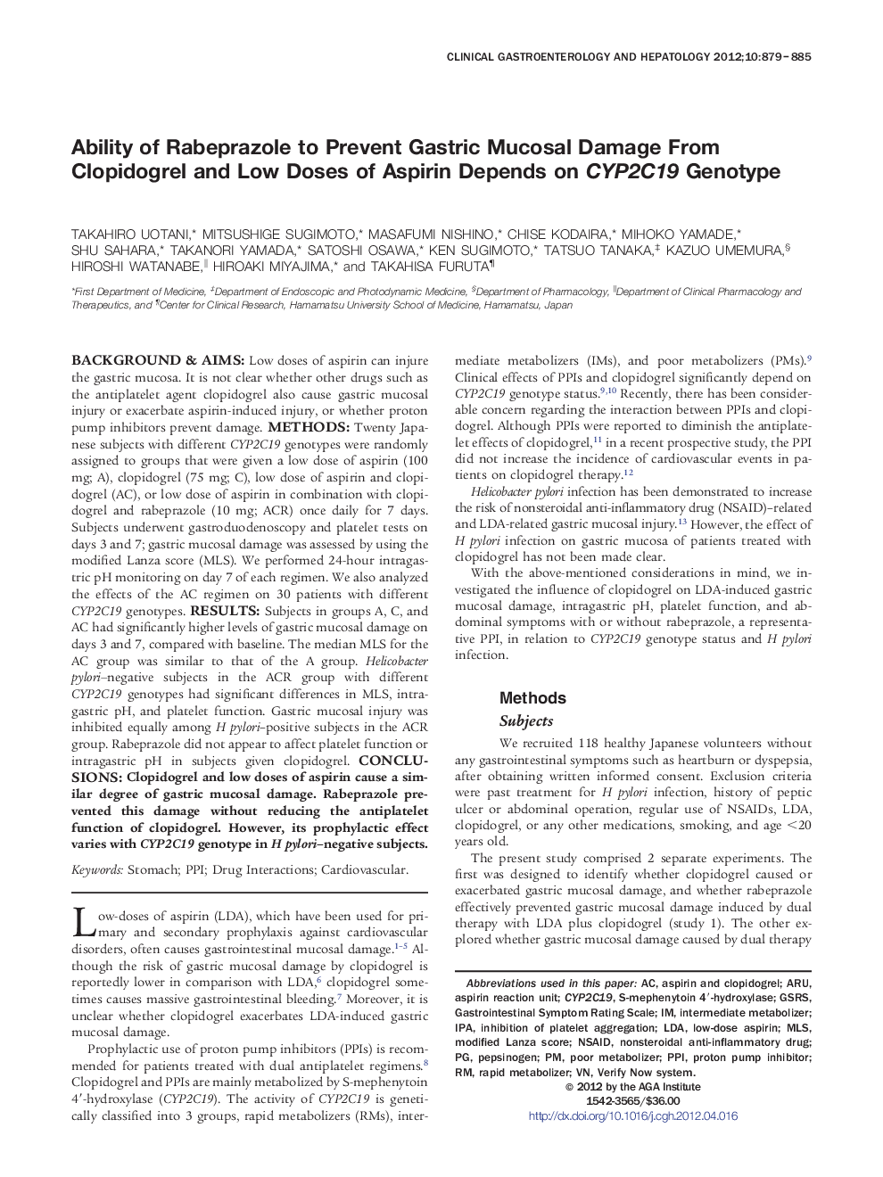 Ability of Rabeprazole to Prevent Gastric Mucosal Damage From Clopidogrel and Low Doses of Aspirin Depends on CYP2C19 Genotype