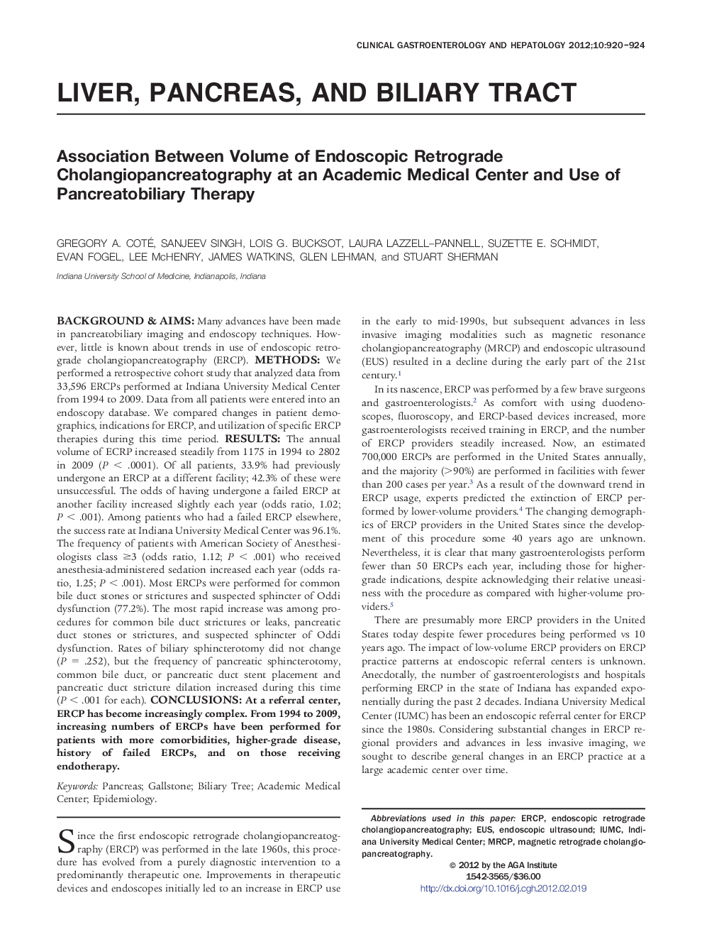 Association Between Volume of Endoscopic Retrograde Cholangiopancreatography at an Academic Medical Center and Use of Pancreatobiliary Therapy