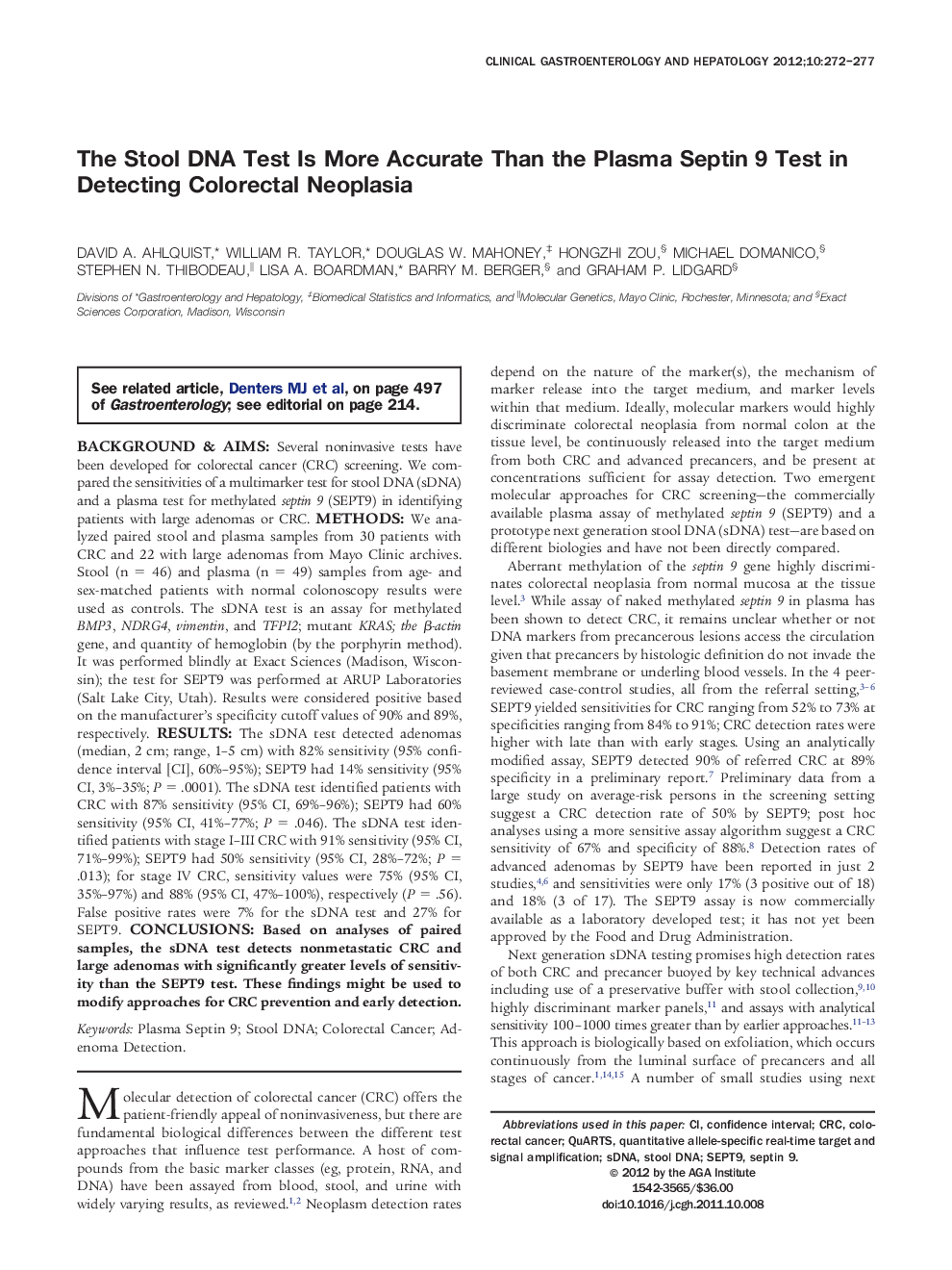 The Stool DNA Test Is More Accurate Than the Plasma Septin 9 Test in Detecting Colorectal Neoplasia
