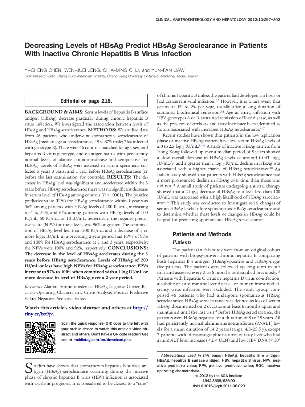 Decreasing Levels of HBsAg Predict HBsAg Seroclearance in Patients With Inactive Chronic Hepatitis B Virus Infection