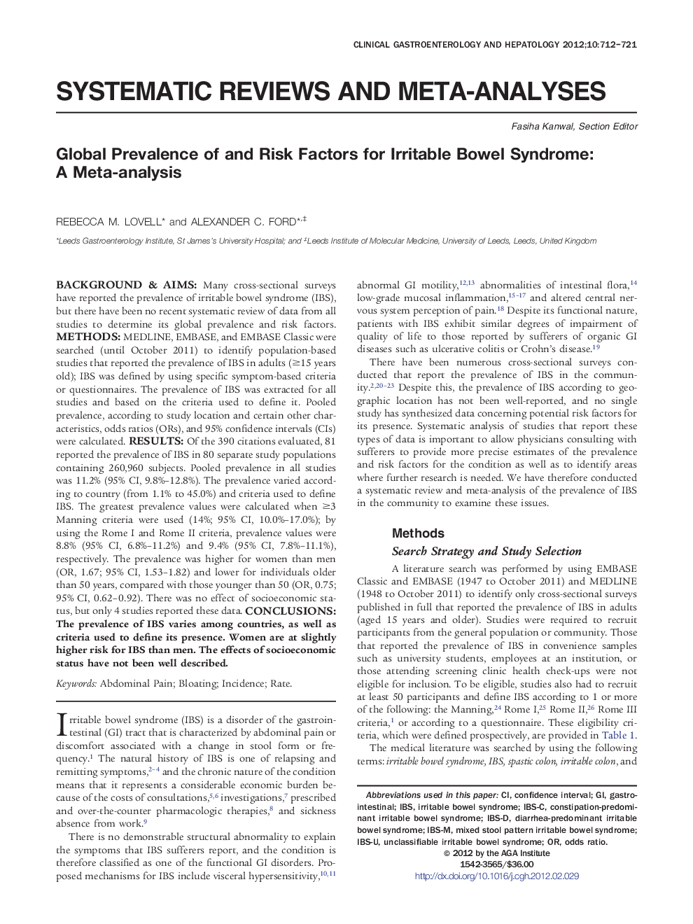 Global Prevalence of and Risk Factors for Irritable Bowel Syndrome: A Meta-analysis