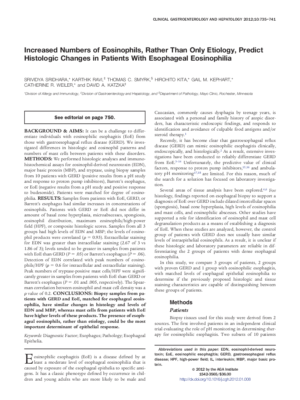 Increased Numbers of Eosinophils, Rather Than Only Etiology, Predict Histologic Changes in Patients With Esophageal Eosinophilia