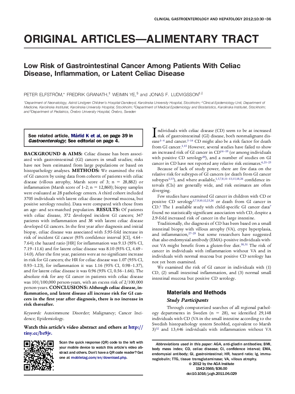 Low Risk of Gastrointestinal Cancer Among Patients With Celiac Disease, Inflammation, or Latent Celiac Disease