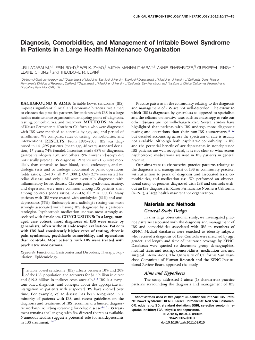 Diagnosis, Comorbidities, and Management of Irritable Bowel Syndrome in Patients in a Large Health Maintenance Organization