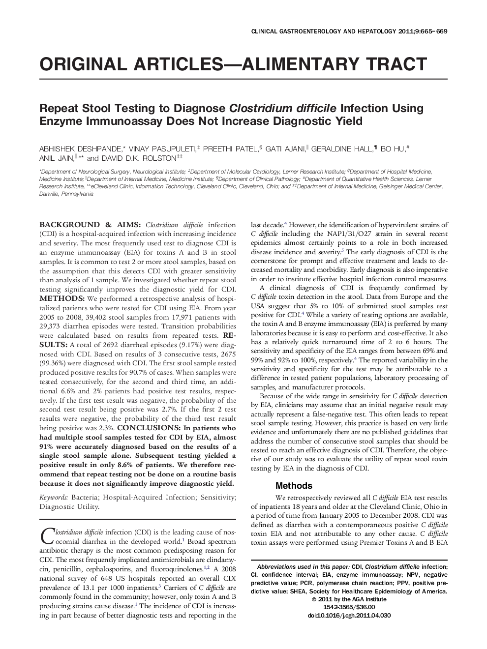 Repeat Stool Testing to Diagnose Clostridium difficile Infection Using Enzyme Immunoassay Does Not Increase Diagnostic Yield