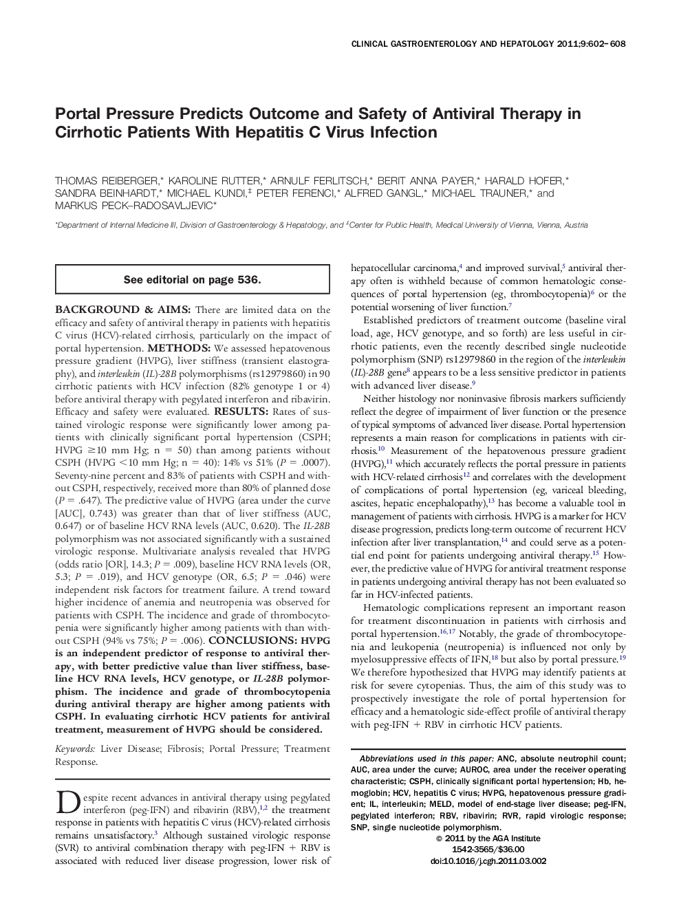 Portal Pressure Predicts Outcome and Safety of Antiviral Therapy in Cirrhotic Patients With Hepatitis C Virus Infection